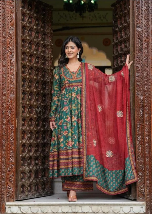 Kalamkari Print Anarkali Suit Set with Dupatta