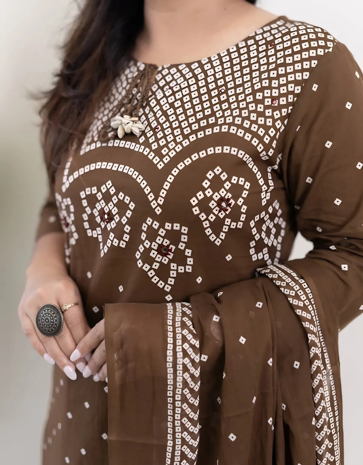 Mocha Mehfil Bandhej Mirror Work Cotton Suit