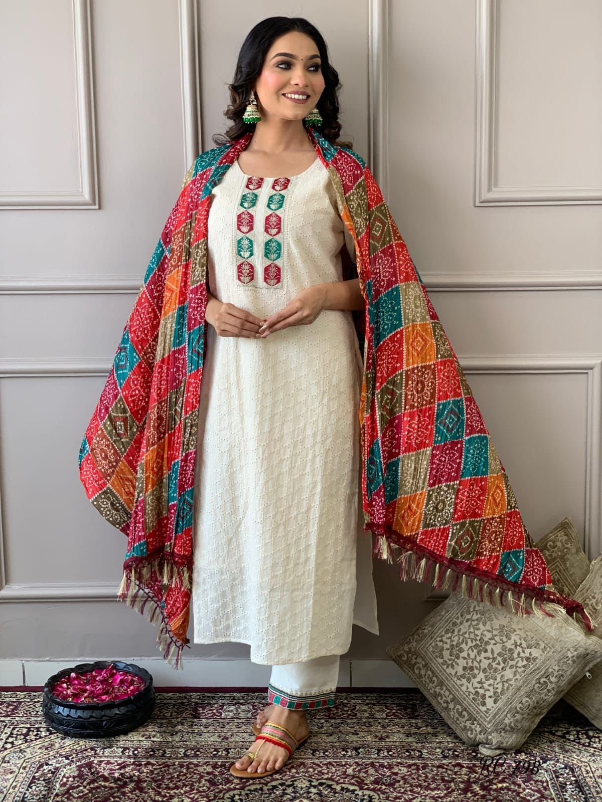 White Chikankari-3 Piece Set With Kurta Pant And Dupatta