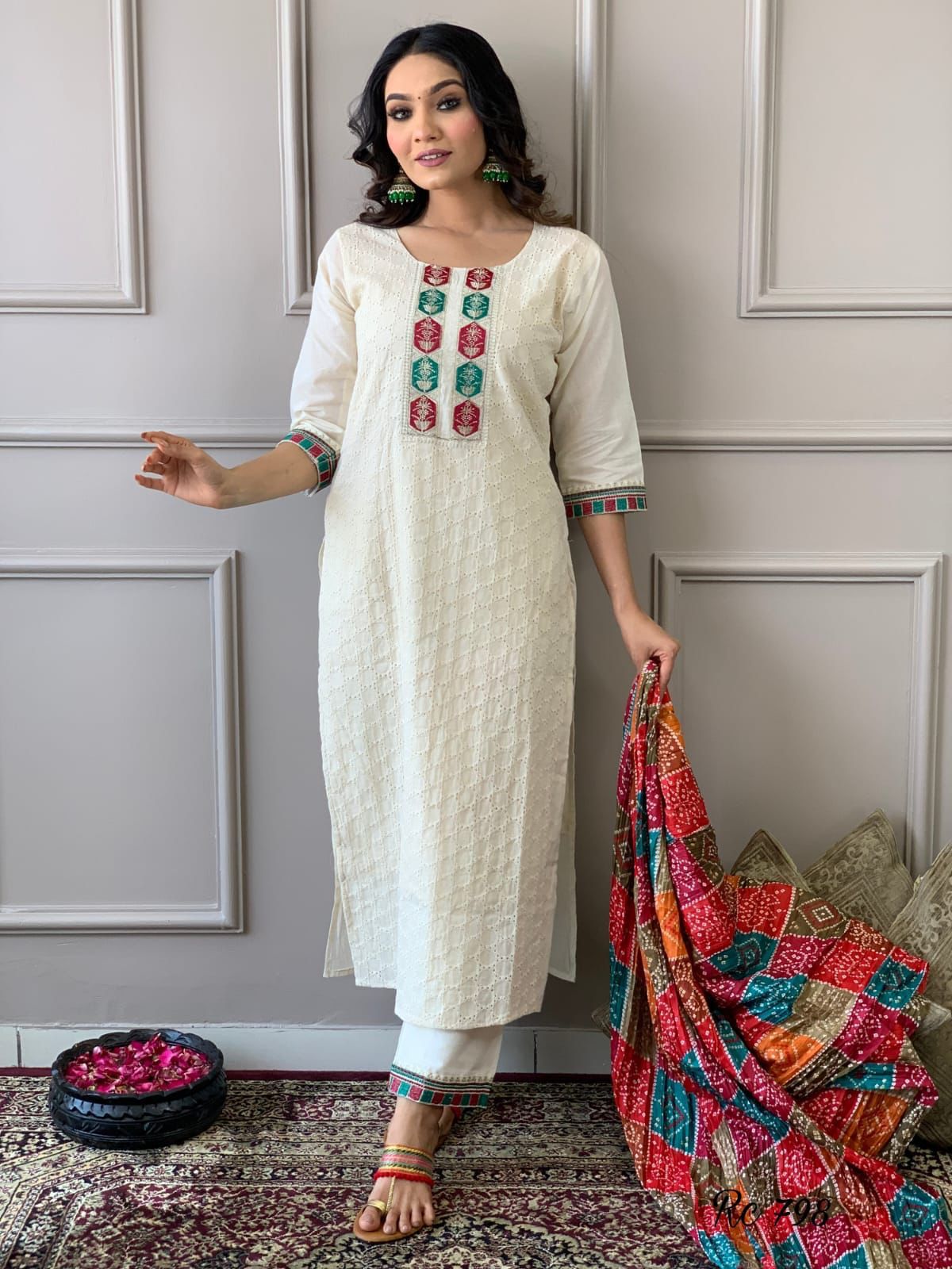 White Chikankari-3 Piece Set With Kurta Pant And Dupatta