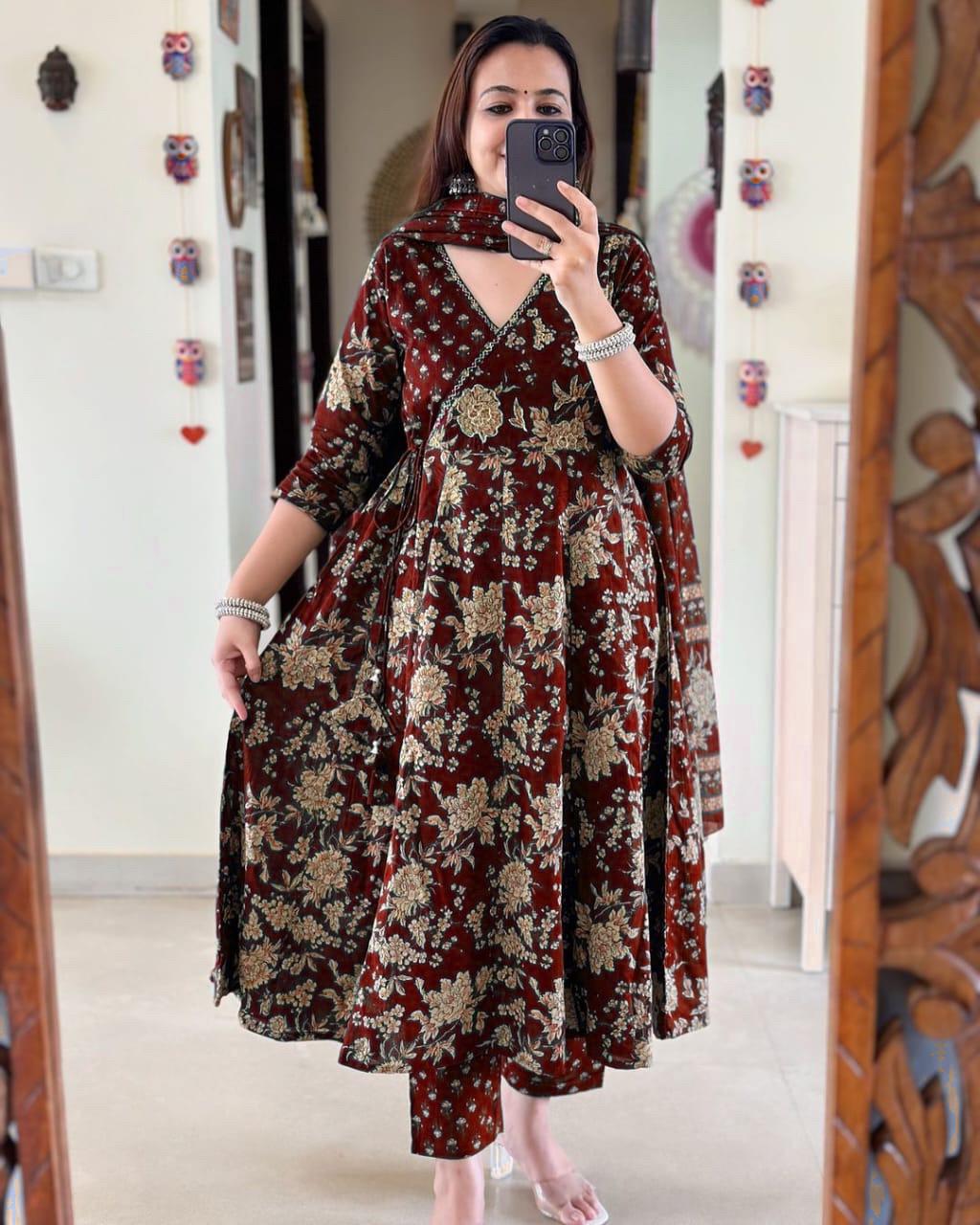 Maroon Angrakha Style Anarkali Kurta Set with Dupatta