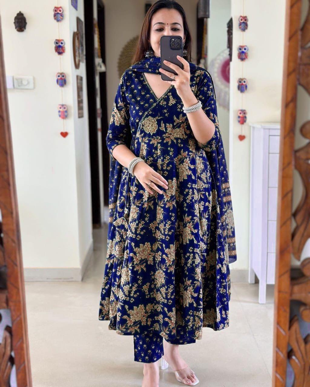 Blue Angrakha Style Anarkali Kurta Set with Dupatta