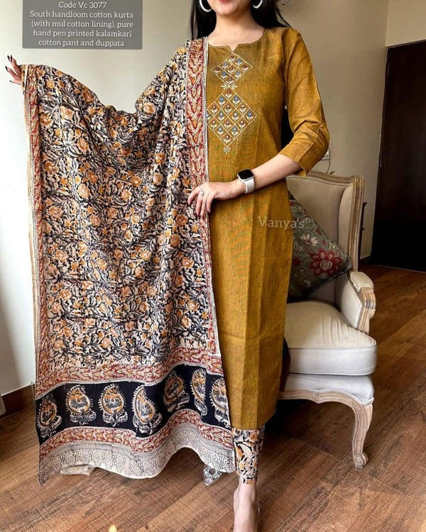 South Cotton Hand Printed Chitrakala Kurta Set with Dupatta