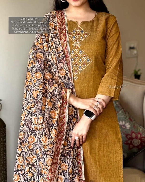 South Cotton Hand Printed Chitrakala Kurta Set with Dupatta