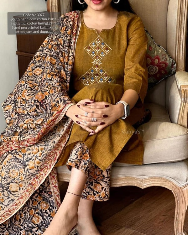South Cotton Hand Printed Chitrakala Kurta Set with Dupatta