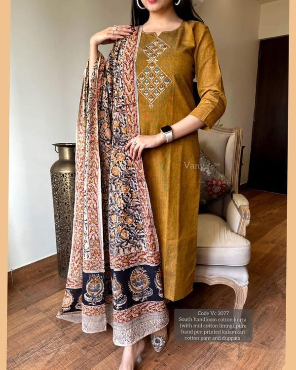 South Cotton Hand Printed Chitrakala Kurta Set with Dupatta