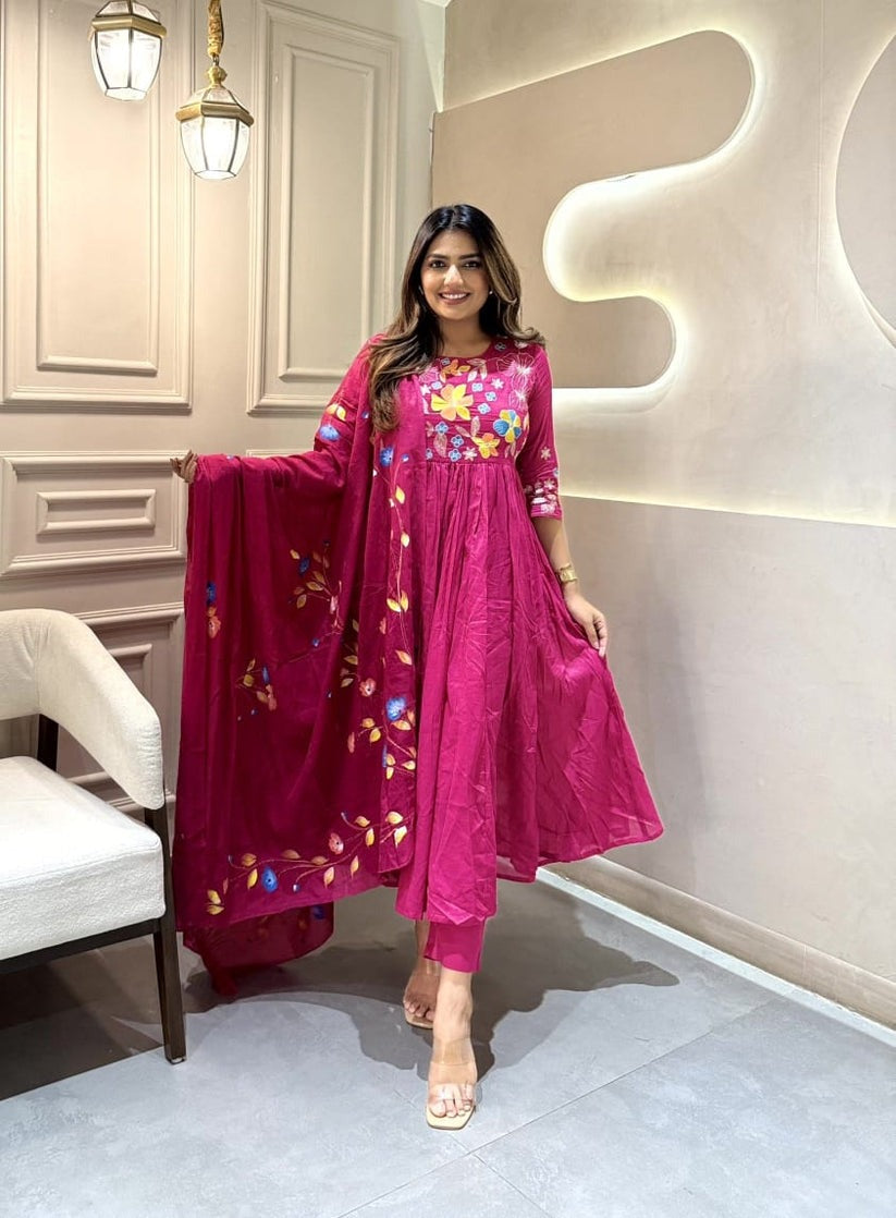 Red Embroidery and Sequin Work Kurta Set