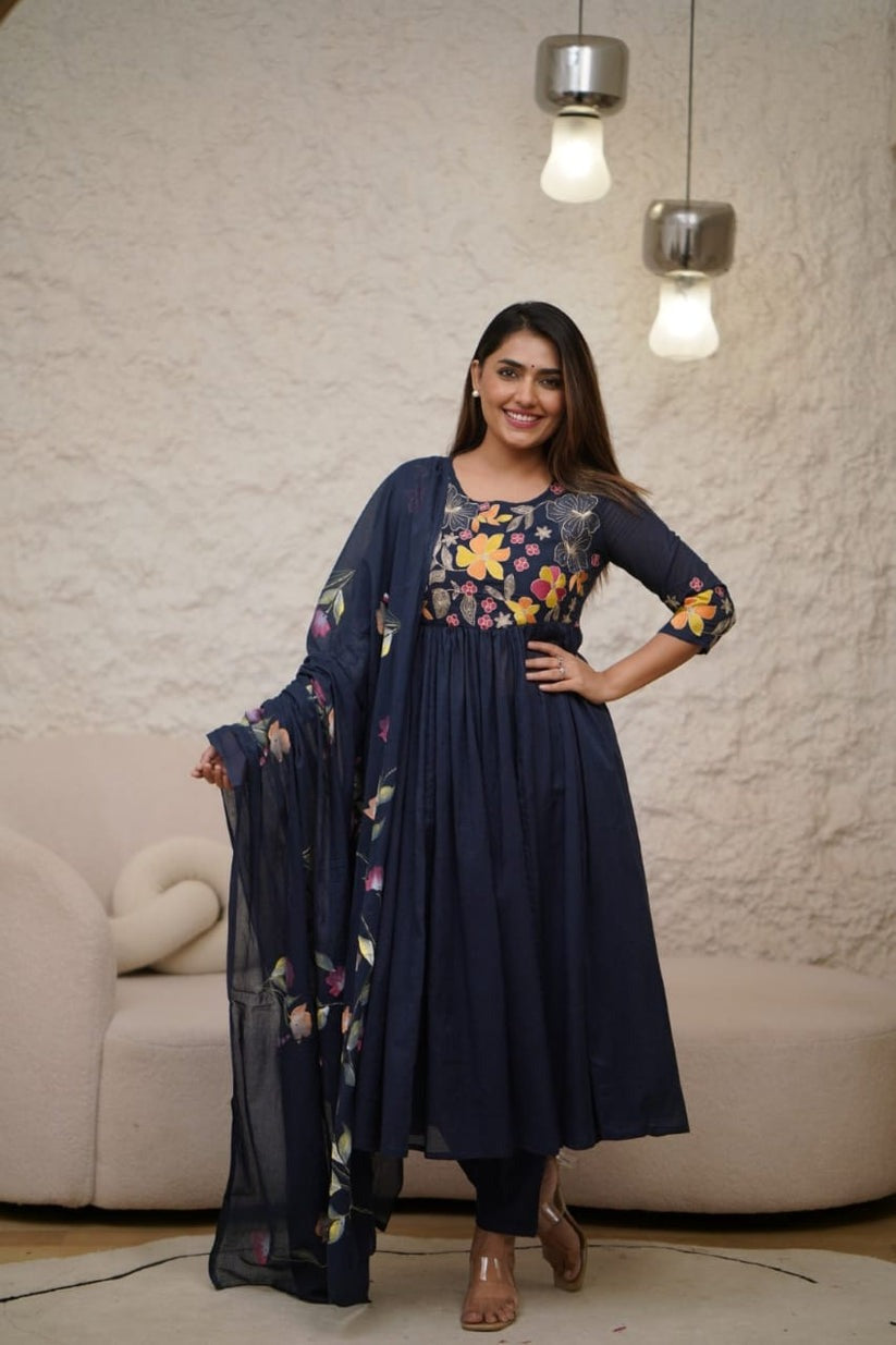 Dark Blue Embroidery and Sequin Work Kurta Set