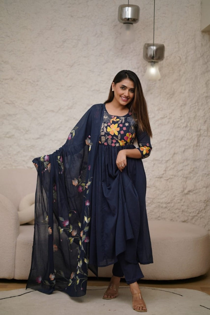 Dark Blue Embroidery and Sequin Work Kurta Set