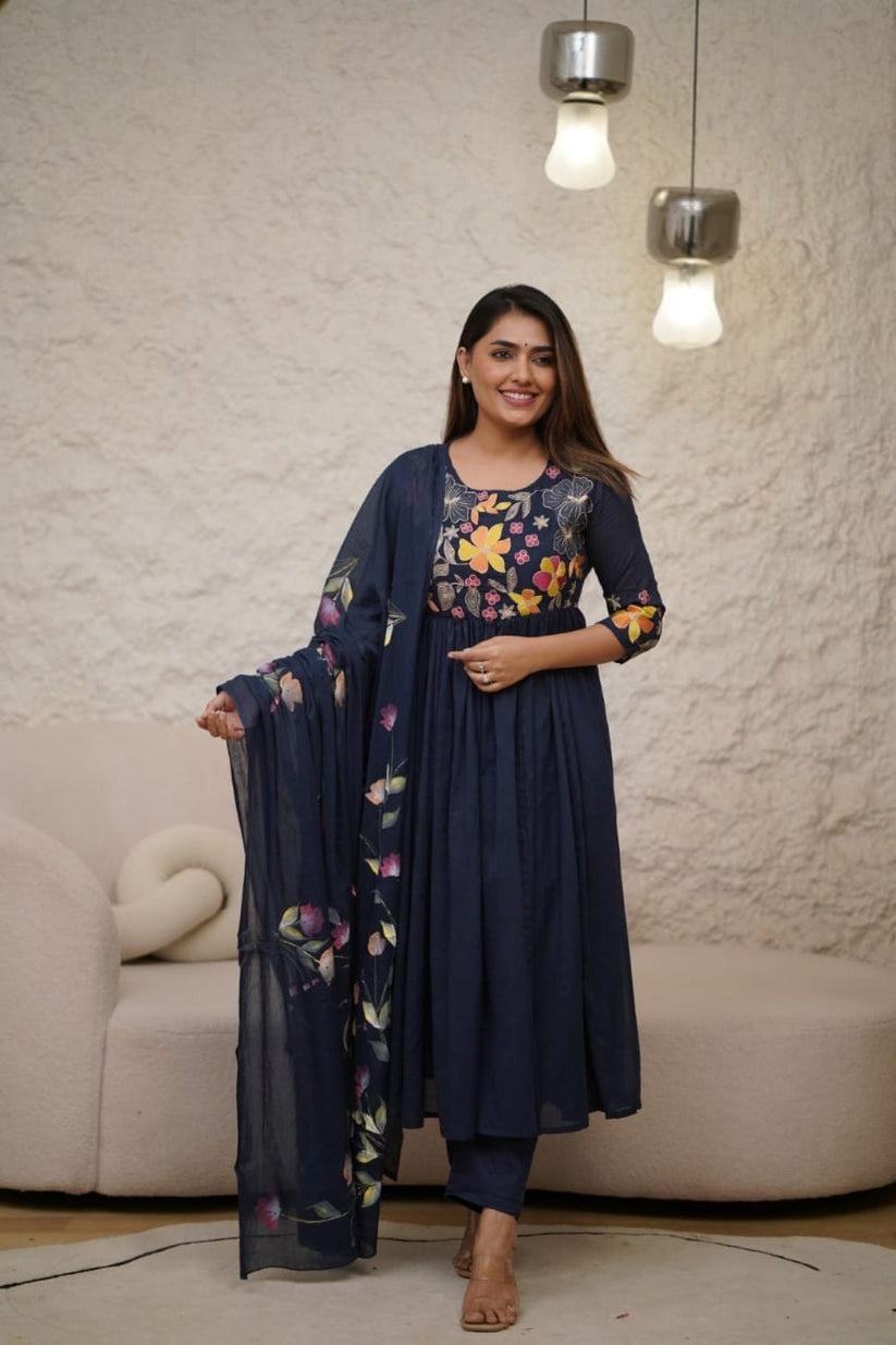 Dark Blue Embroidery and Sequin Work Kurta Set