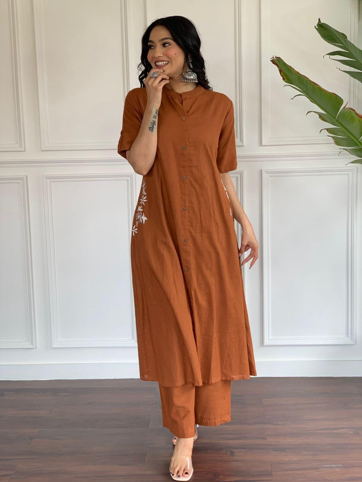 Rust Cotton A-Line Kurti With Pallazo Set For Women