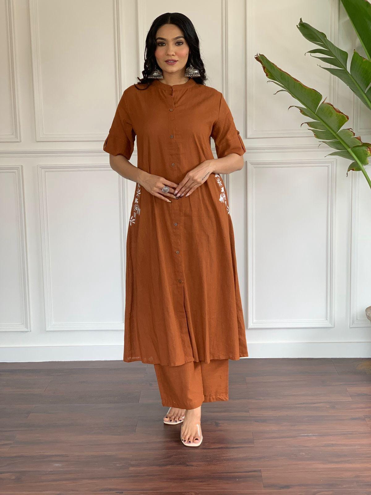 Rust Cotton A-Line Kurti With Pallazo Set For Women