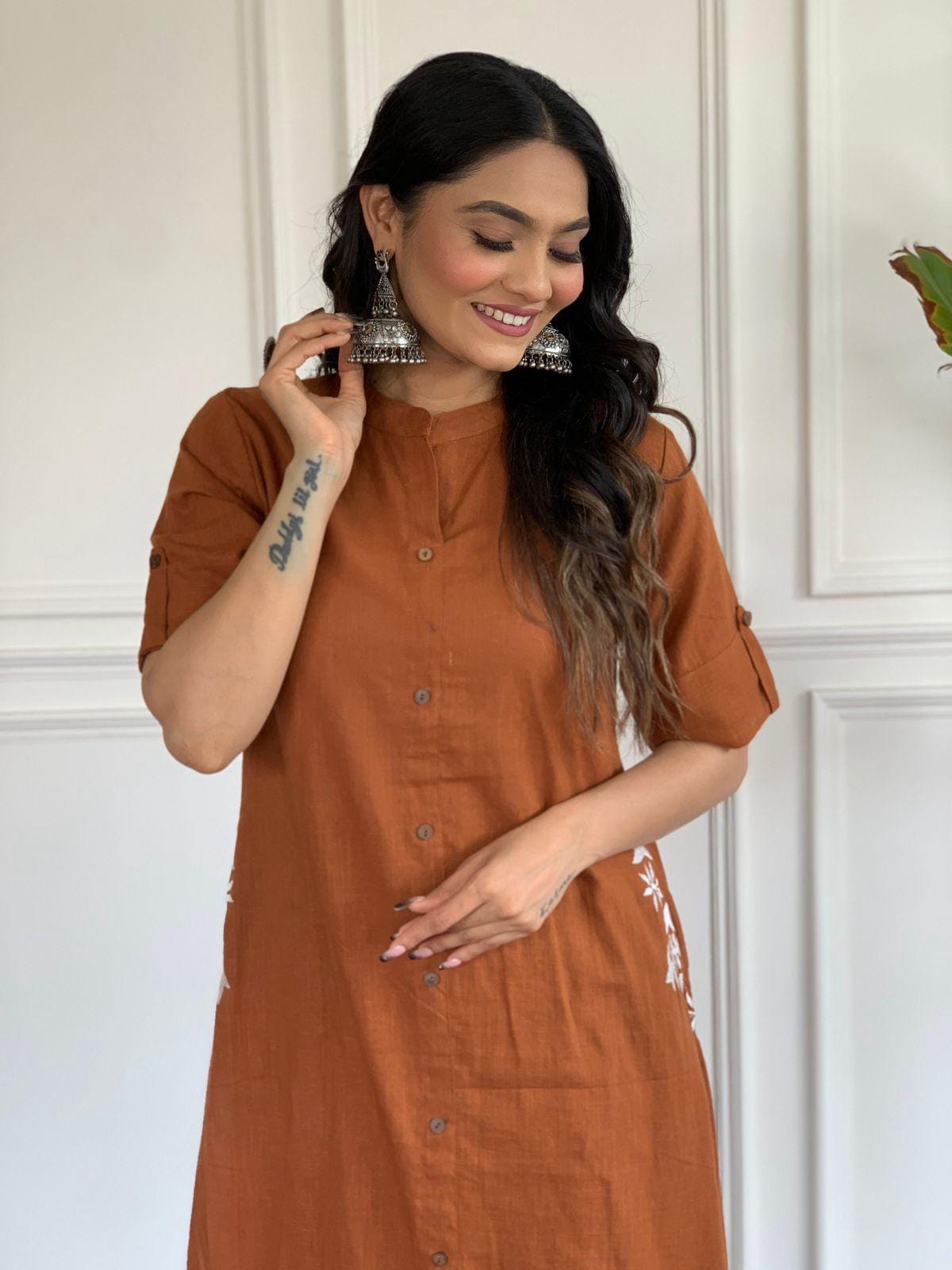 Rust Cotton A-Line Kurti With Pallazo Set For Women