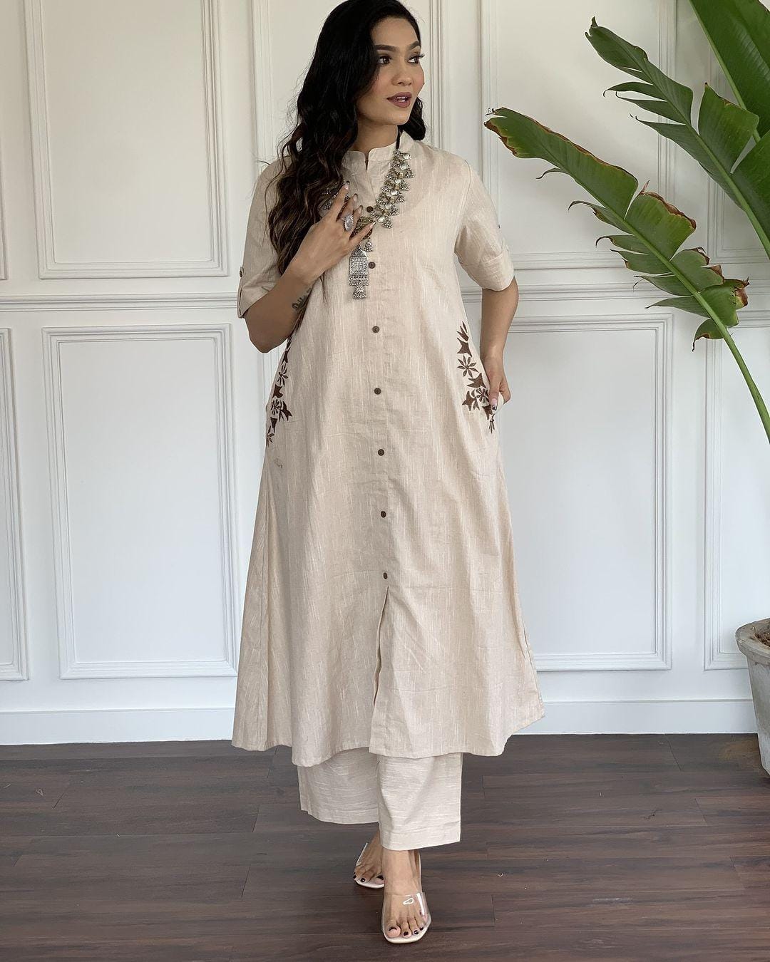 White Cotton A-Line Kurti With Pallazo Set For Women