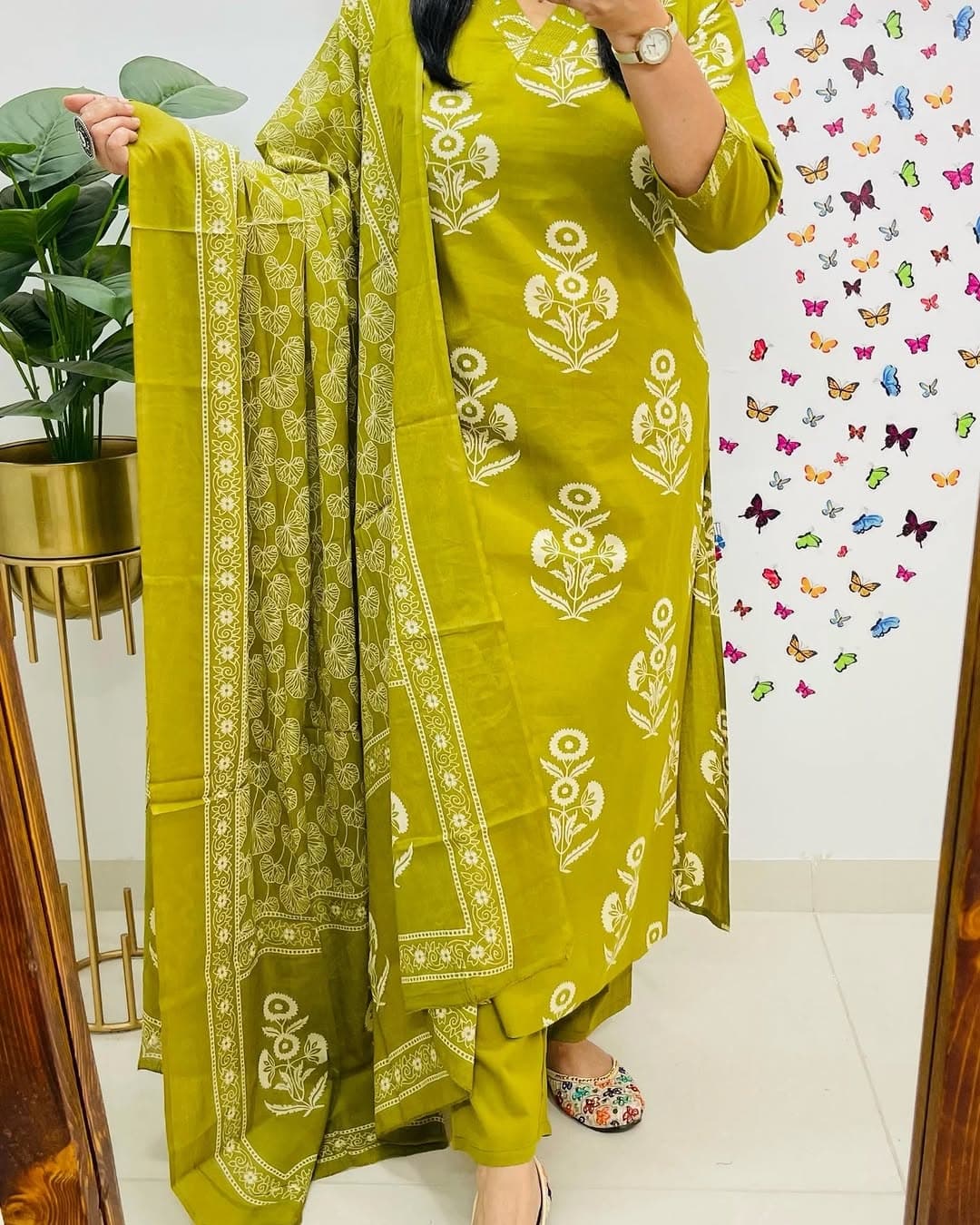 Yellow Designer Azrak Print Cotton Suit