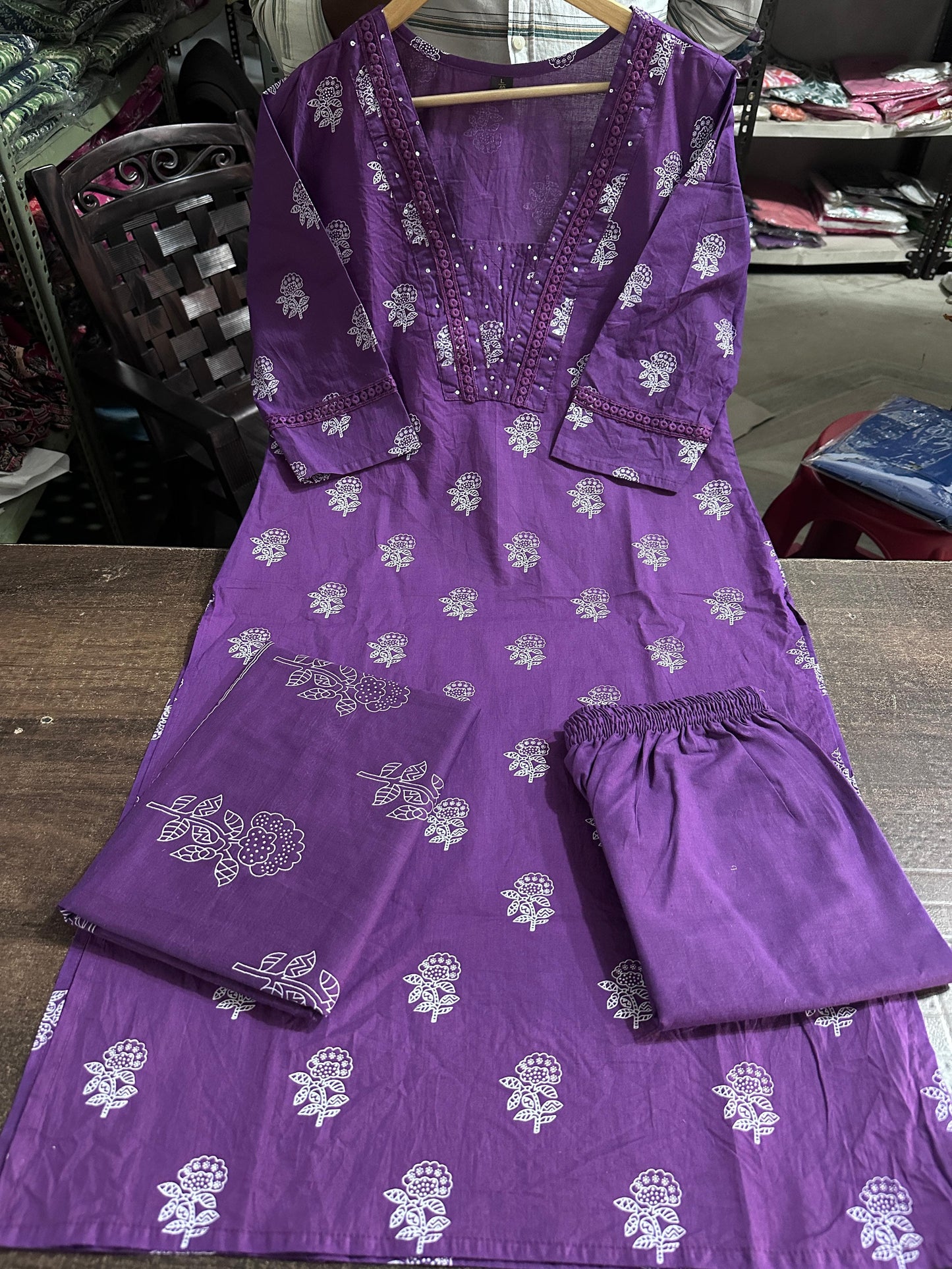 Purple Designer Handblock Print Kurti Pant and Dupatta Set