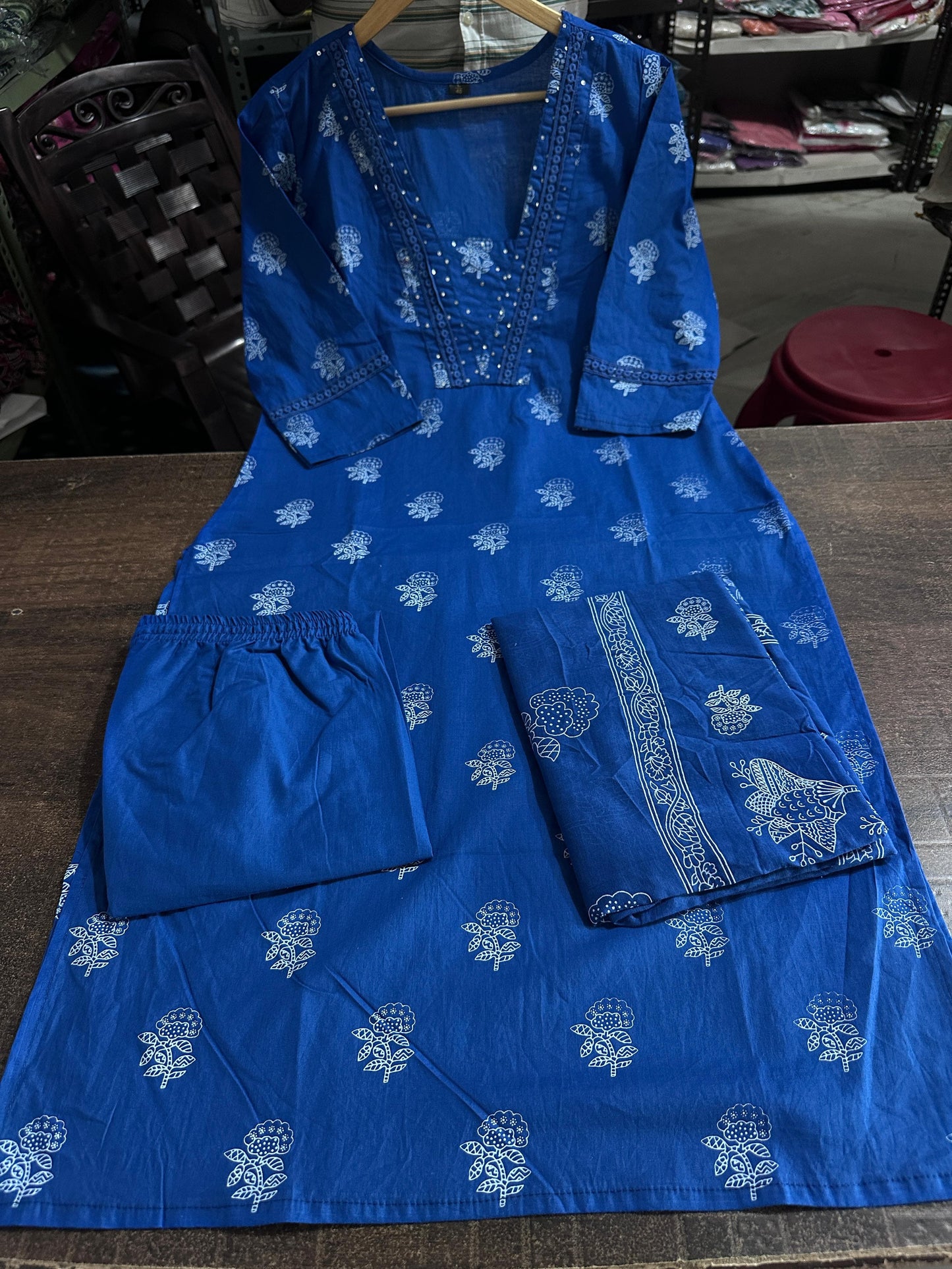 Dark Blue Designer Handblock Print Kurti Pant and Dupatta Set