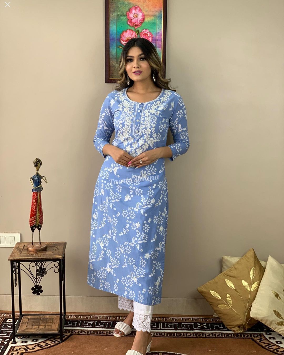 Sky Blue Chikankari Embroidered Kurti with Pant