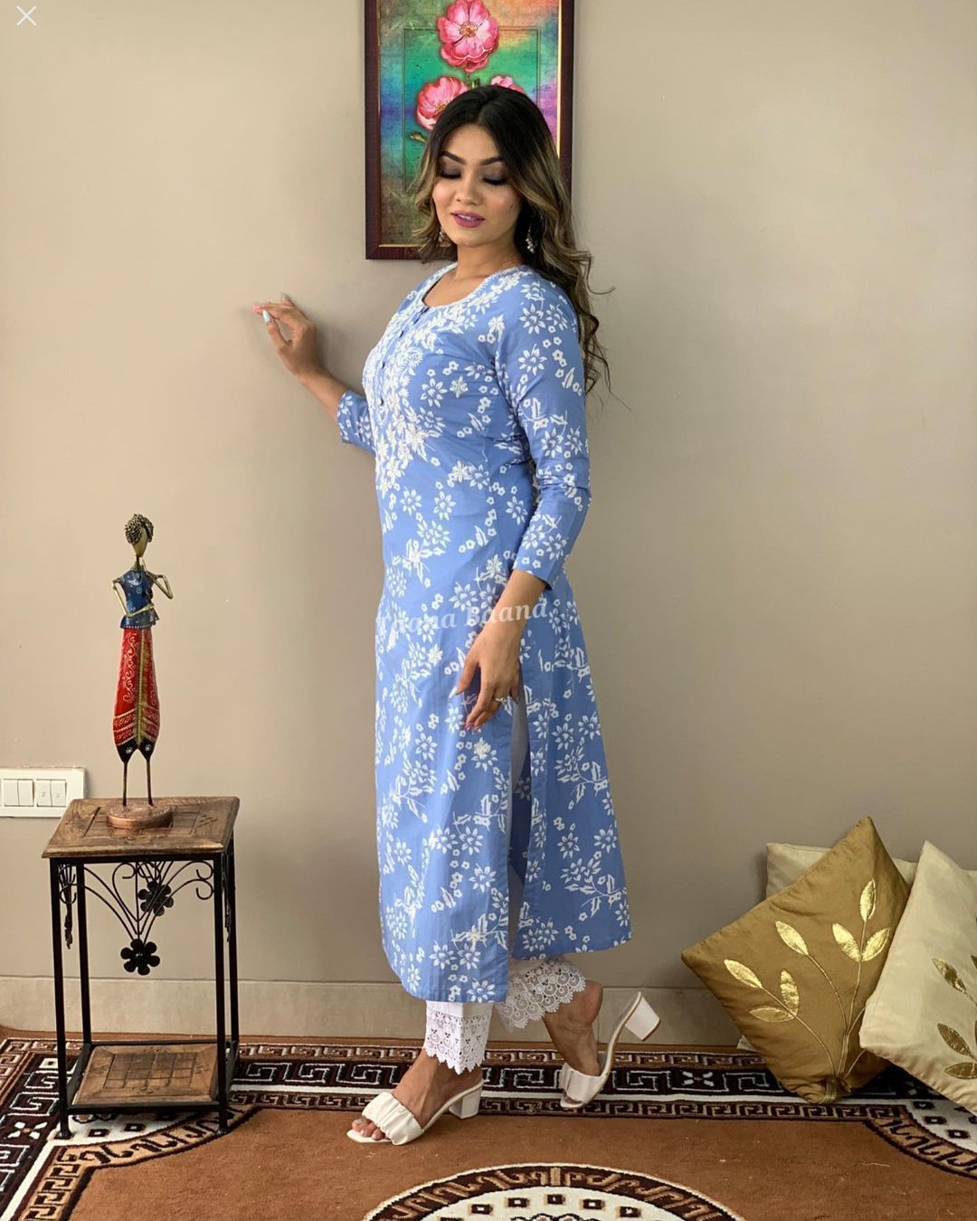 Sky Blue Chikankari Embroidered Kurti with Pant