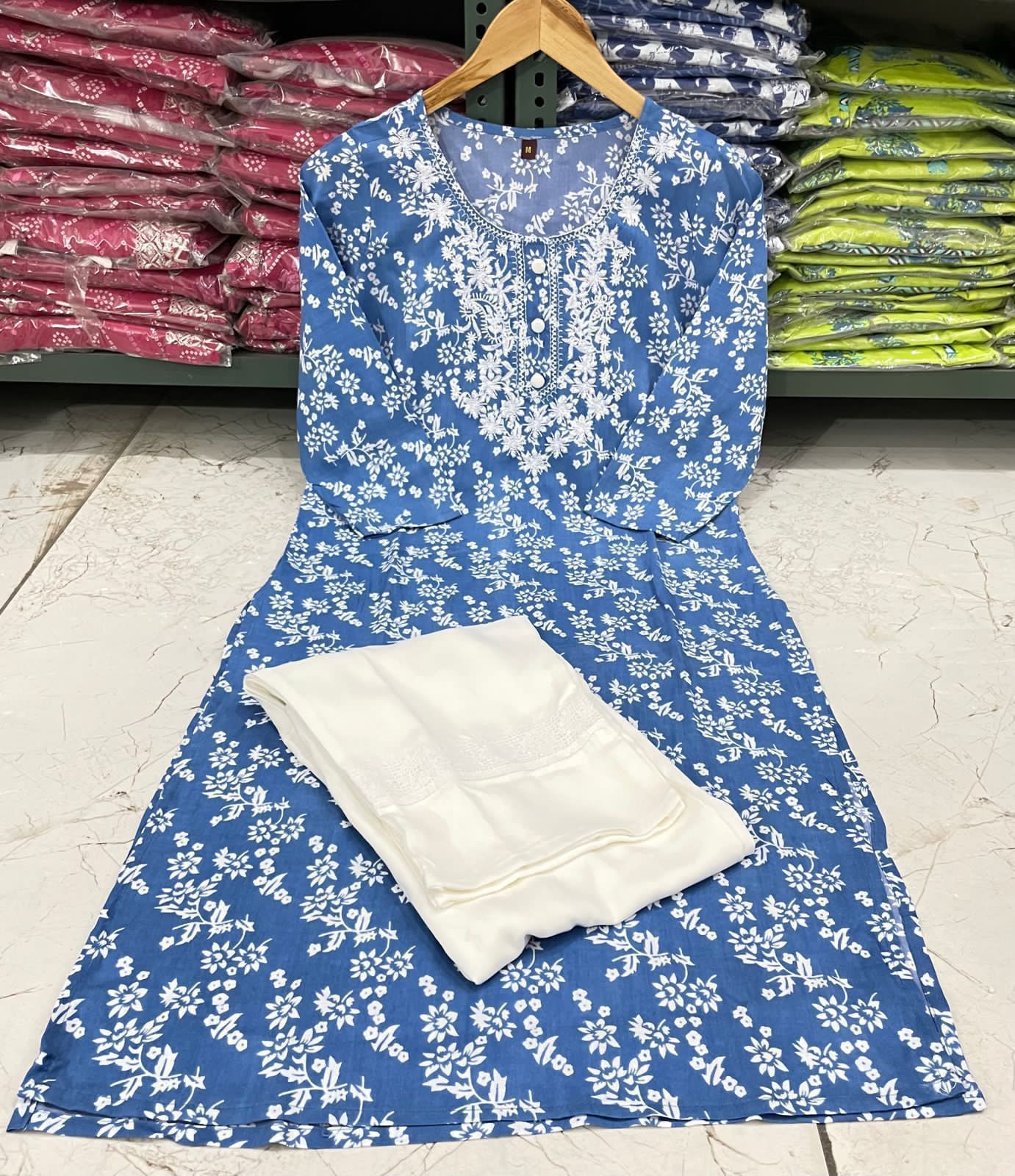 Sky Blue Chikankari Embroidered Kurti with Pant