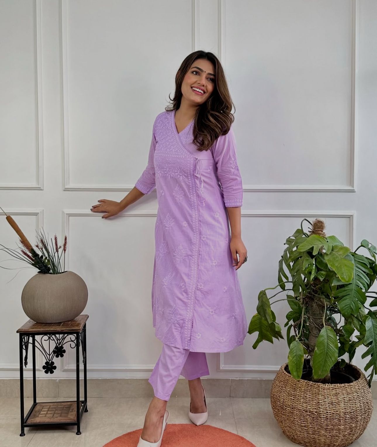Pink Cotton Chikankari Angrakha Style Kurta and Pant Set