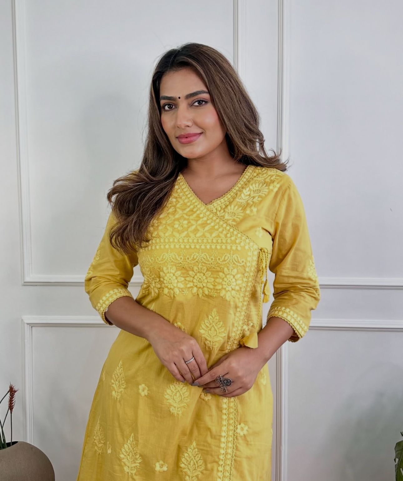 Yellow Cotton Chikankari Angrakha Style Kurta and Pant Set