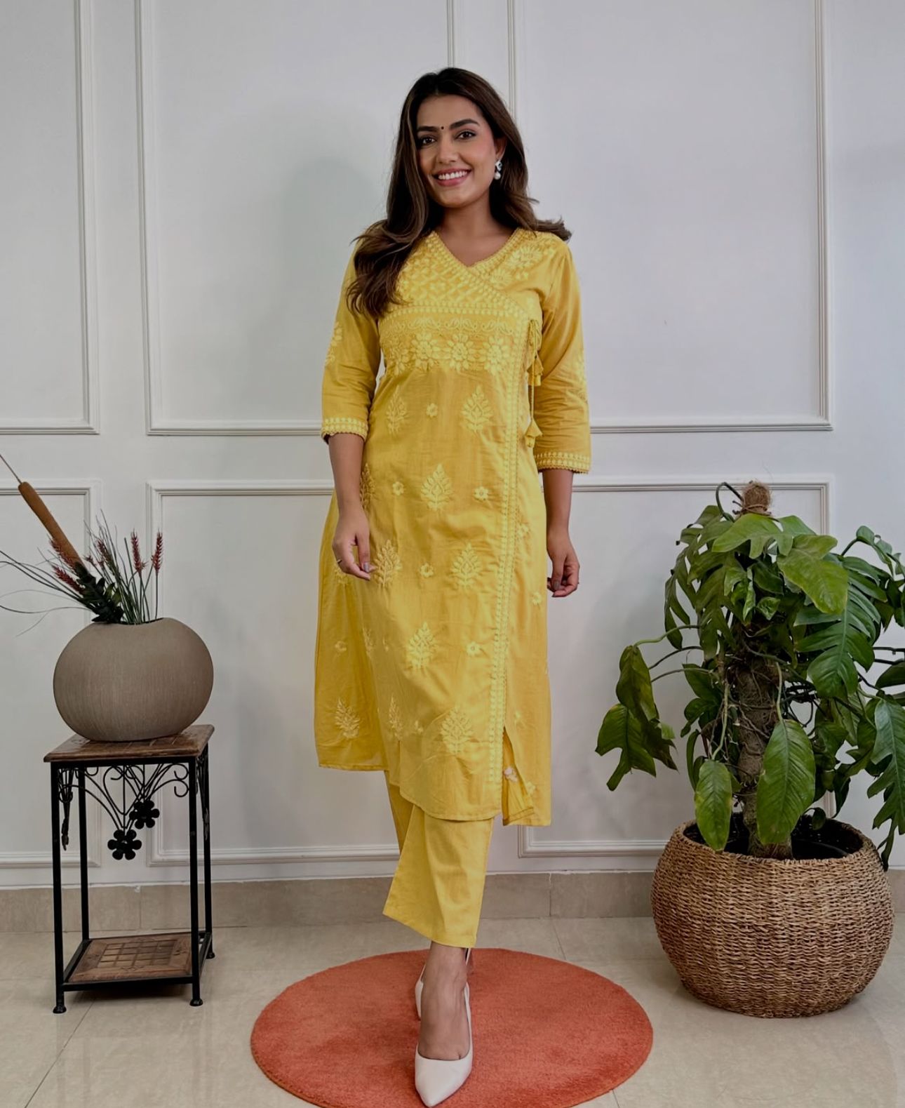 Yellow Cotton Chikankari Angrakha Style Kurta and Pant Set