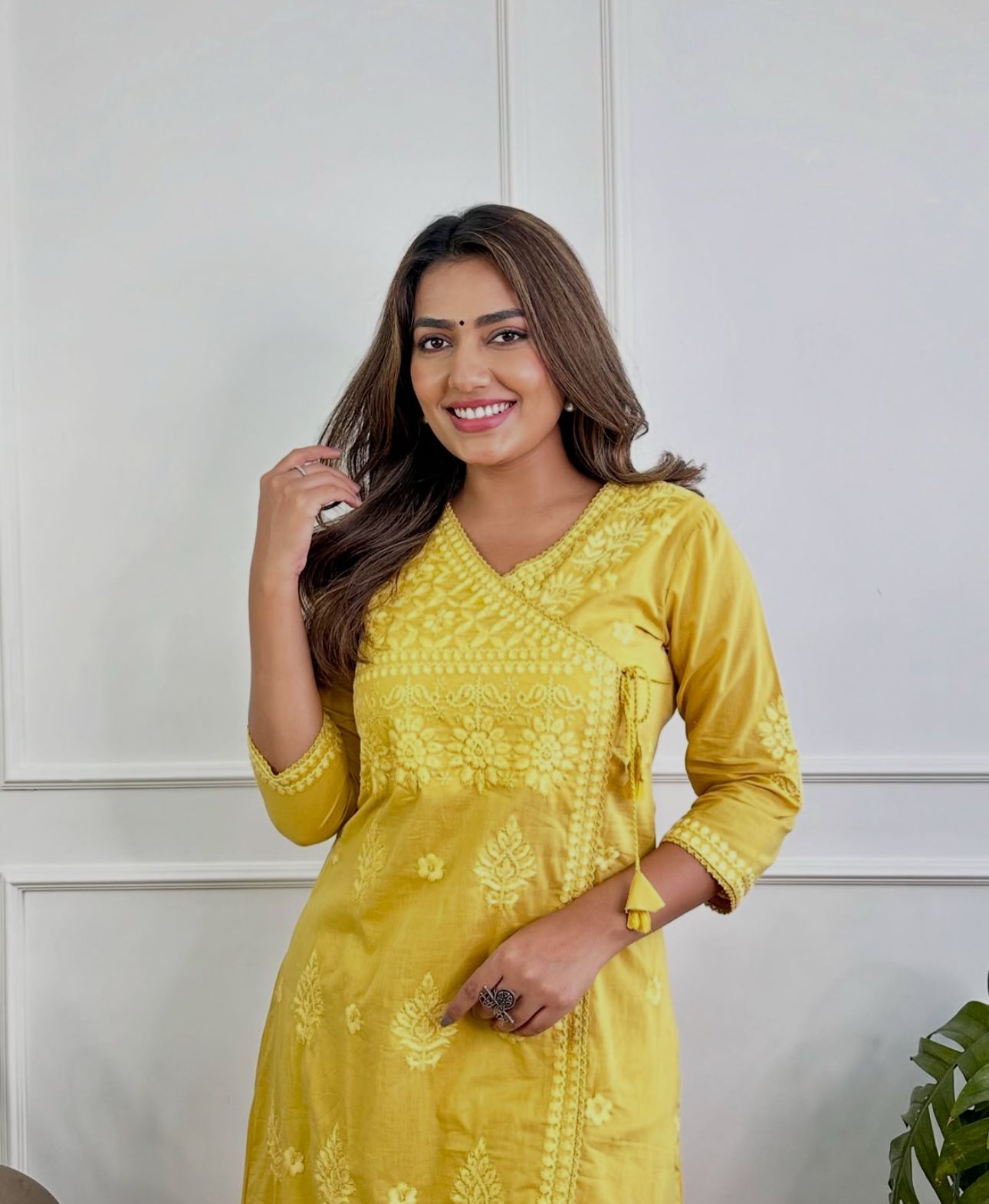 Yellow Cotton Chikankari Angrakha Style Kurta and Pant Set