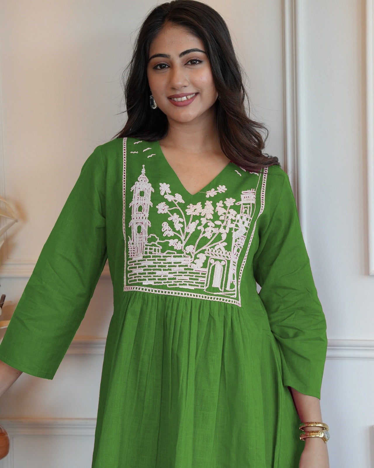 Green Linen Kurta With Embroidery Work & Stylish Culotte Palazzos