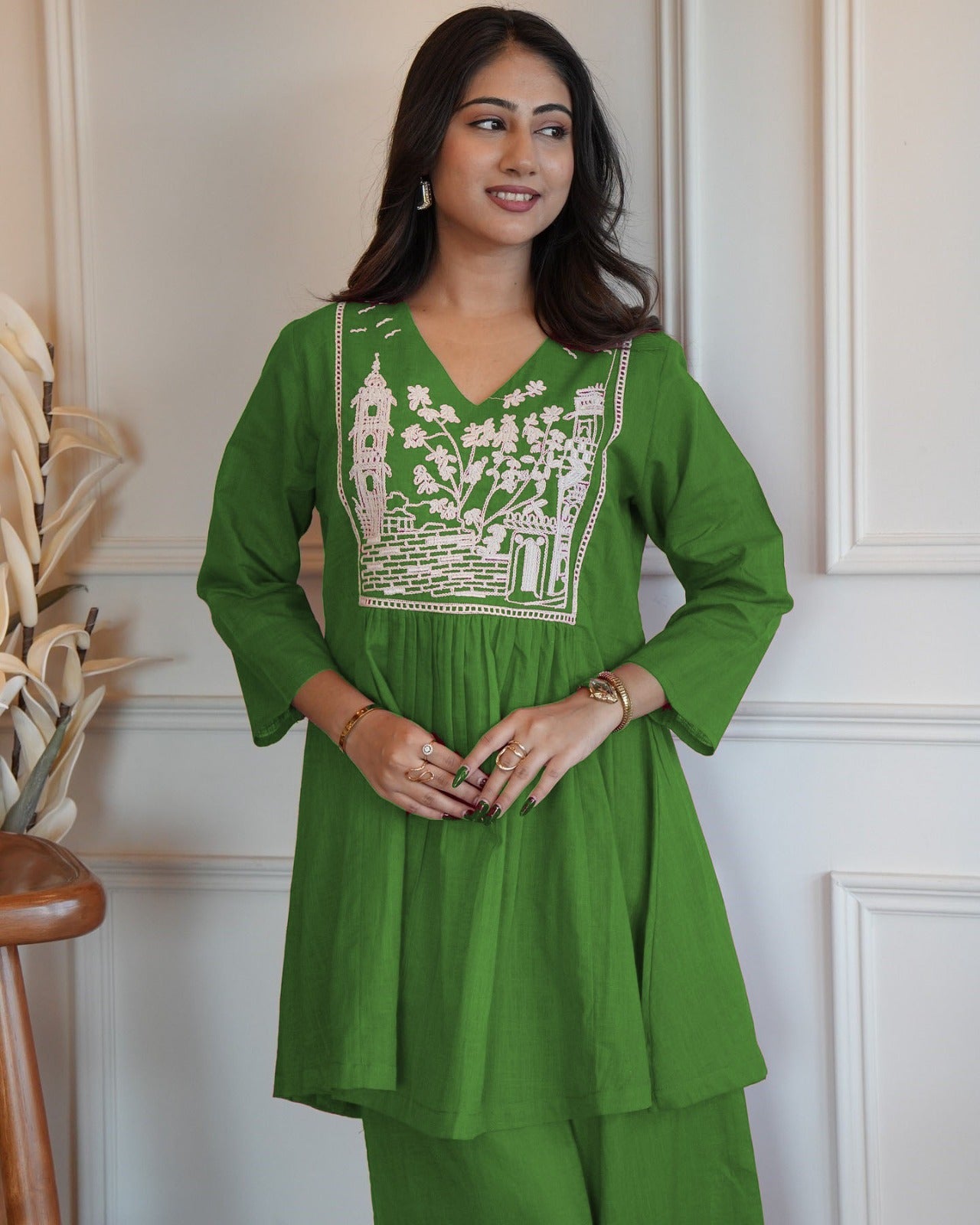 Green Linen Kurta With Embroidery Work & Stylish Culotte Palazzos