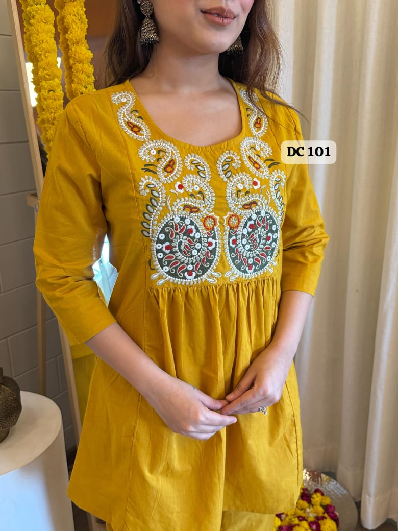 Yellow Pure Cotton Short Kurta and Palazzo Set