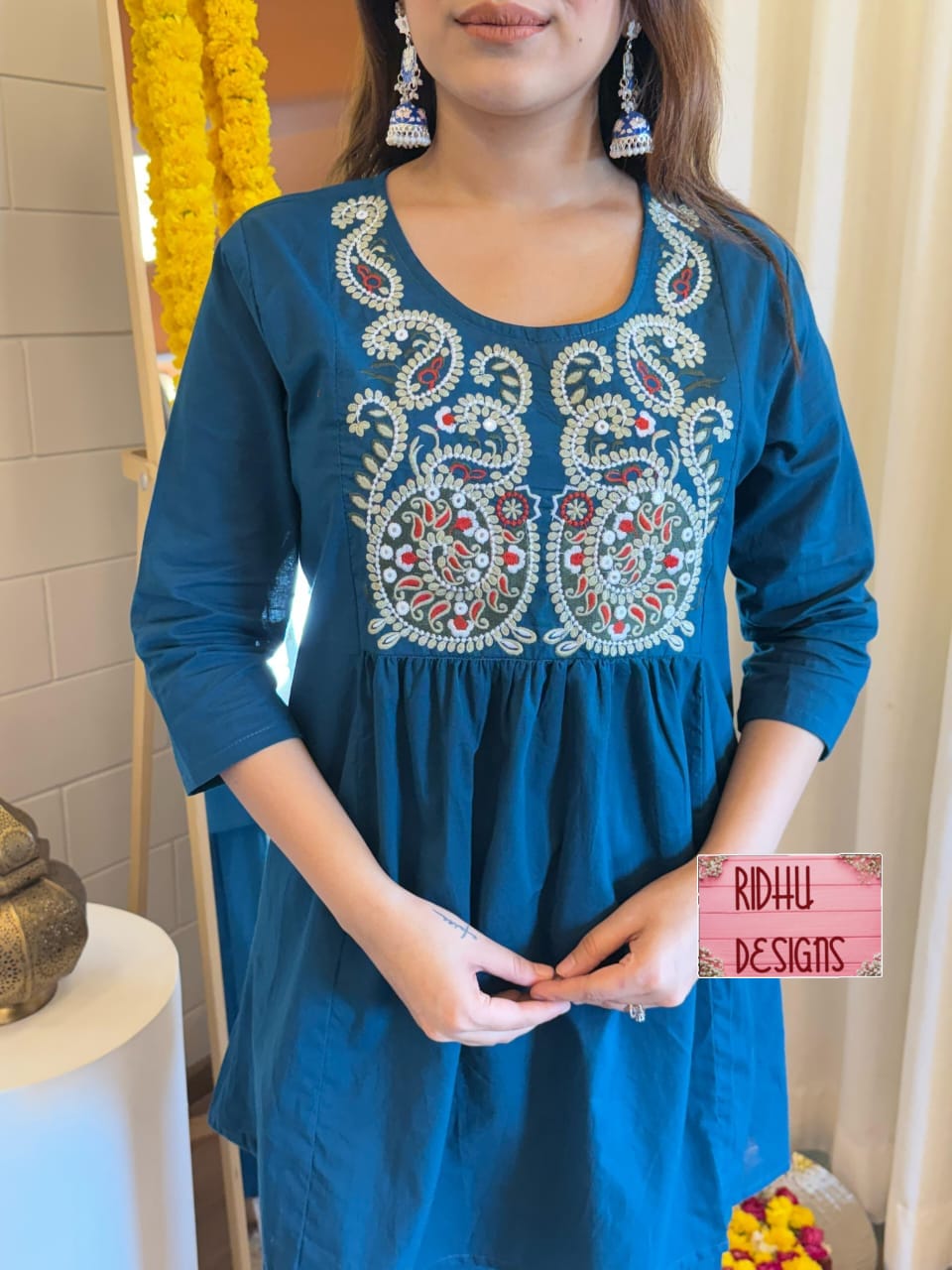 Blue Pure Cotton Short Kurta and Palazzo Set