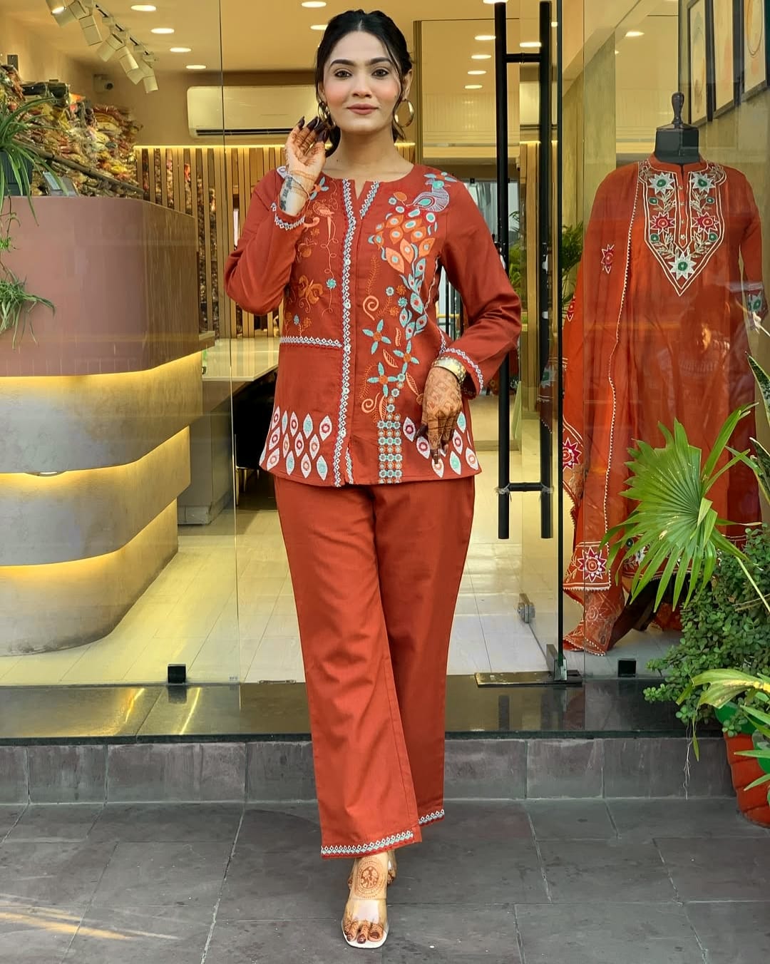 Rust Premium Cotton Co-ord Set Embroidery Work