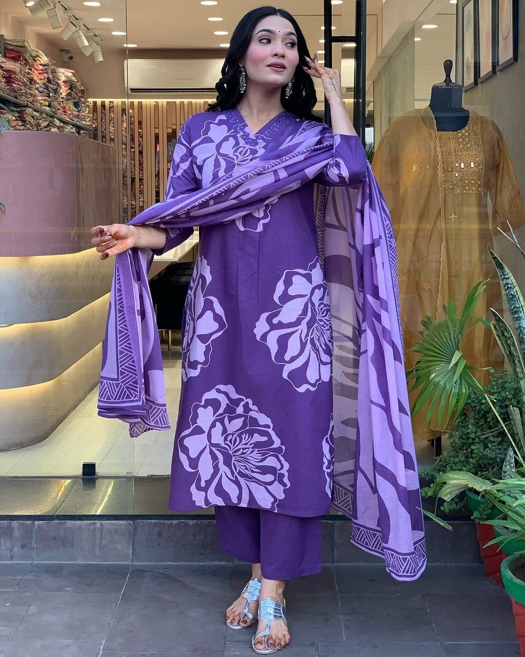 Purple Premium Mul Cotton Floral Dress