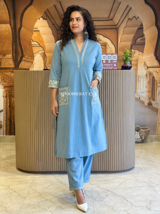 Sky Blue Beautiful Cotton Slub with Both Sides Pocket