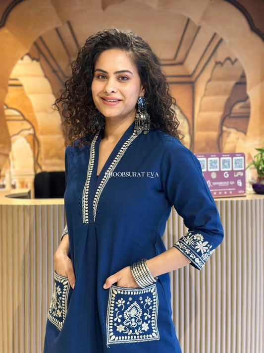 Blue Beautiful Cotton Slub with Both Sides Pocket