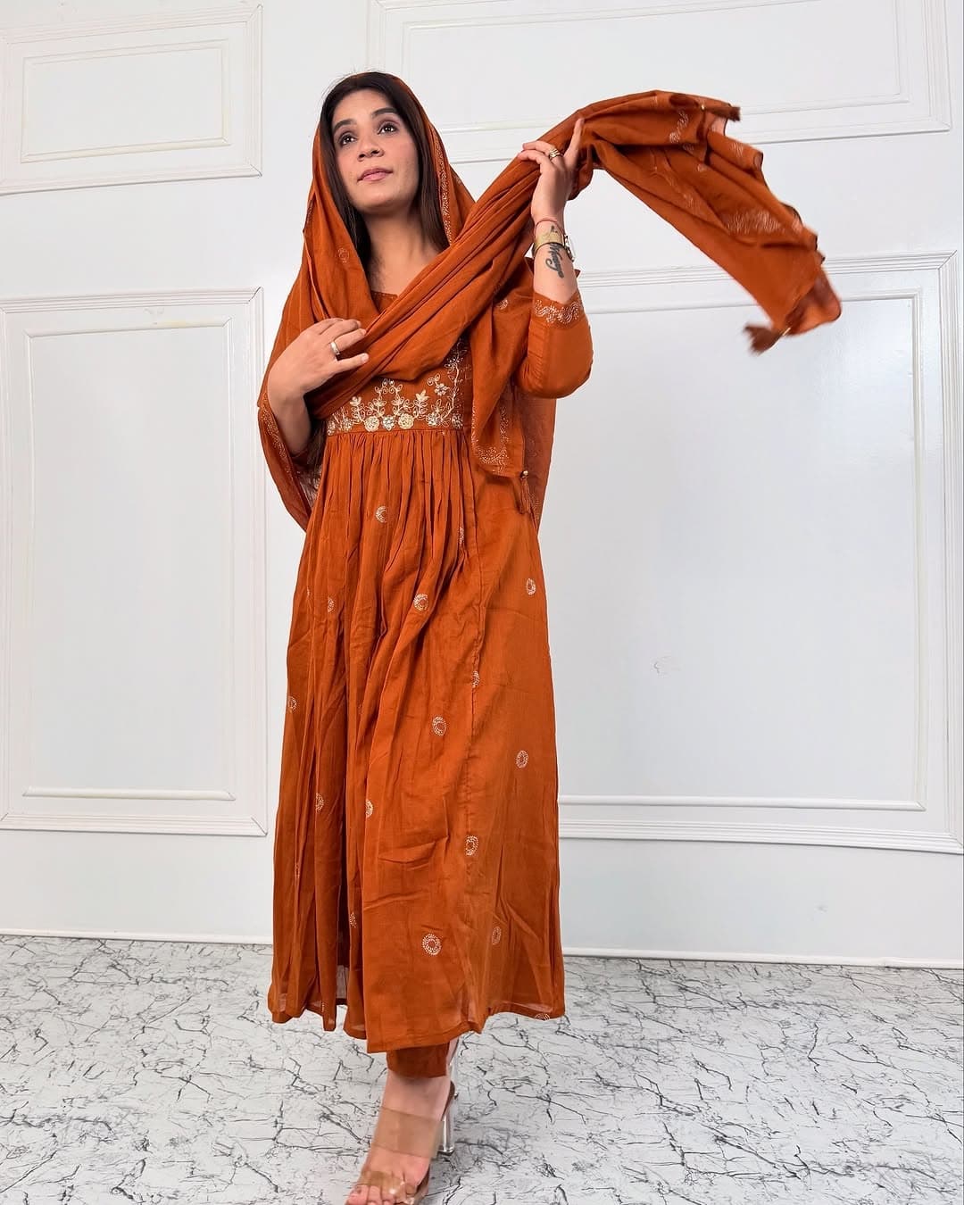 Orange Embroidery Work Kurta Pant and Dupatta Set