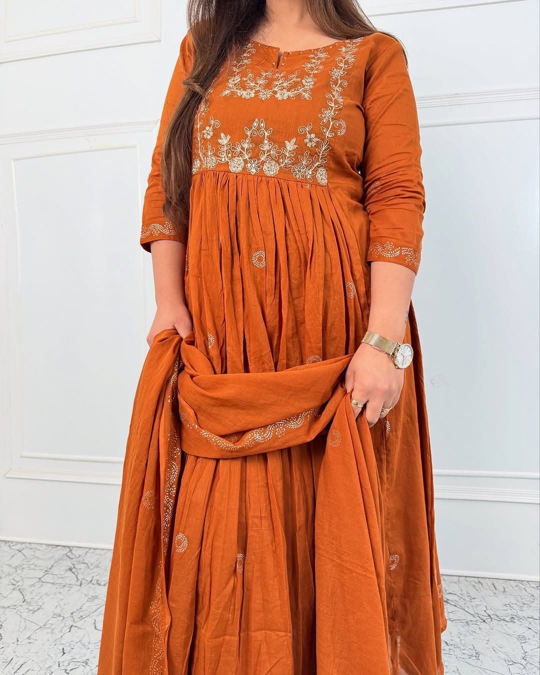Orange Embroidery Work Kurta Pant and Dupatta Set