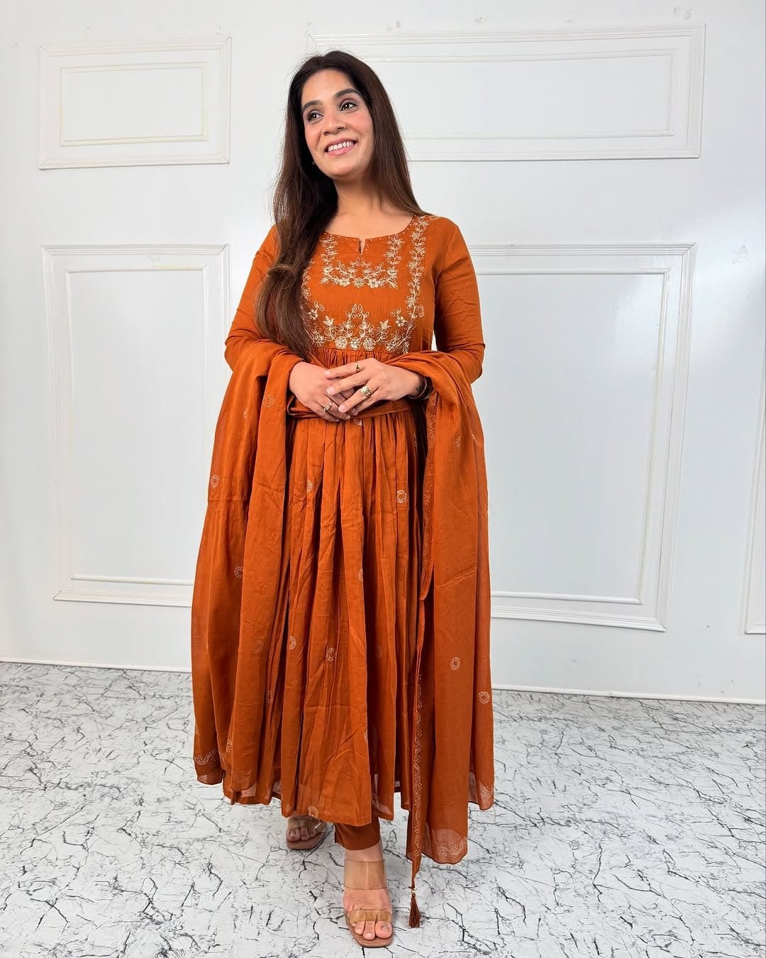 Orange Embroidery Work Kurta Pant and Dupatta Set
