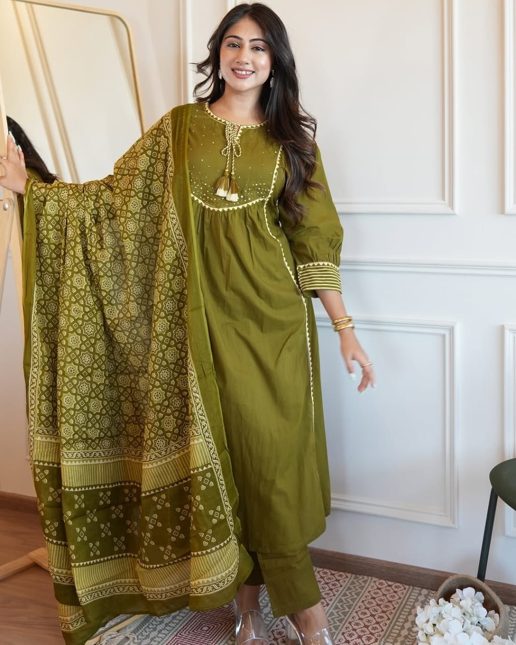Green Embroidery Work Kurta Pant and Dupatta Set