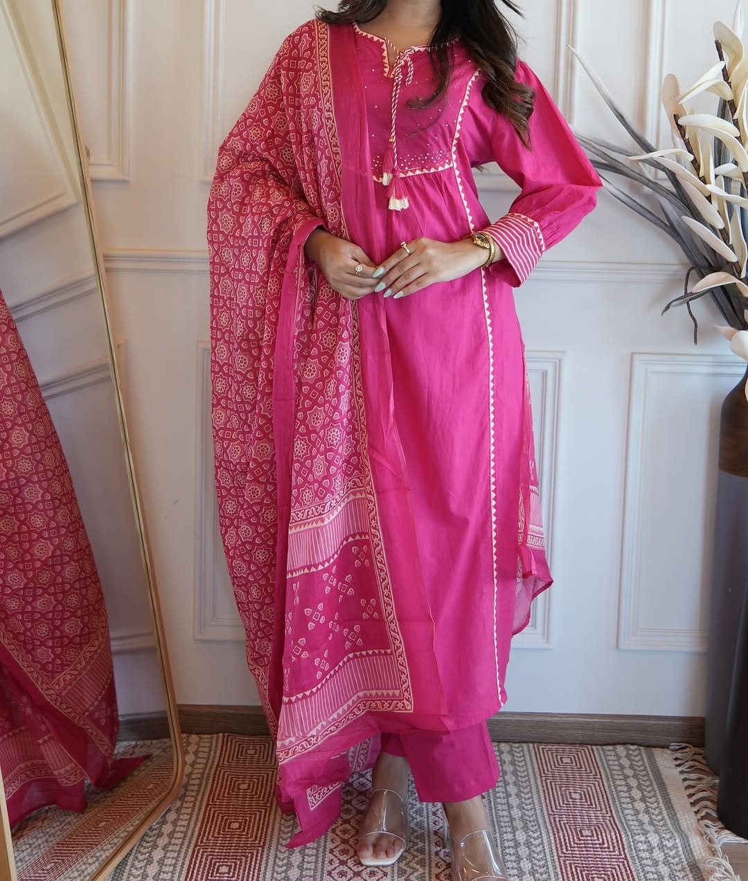 Pink Embroidery Work Kurta Pant and Dupatta Set