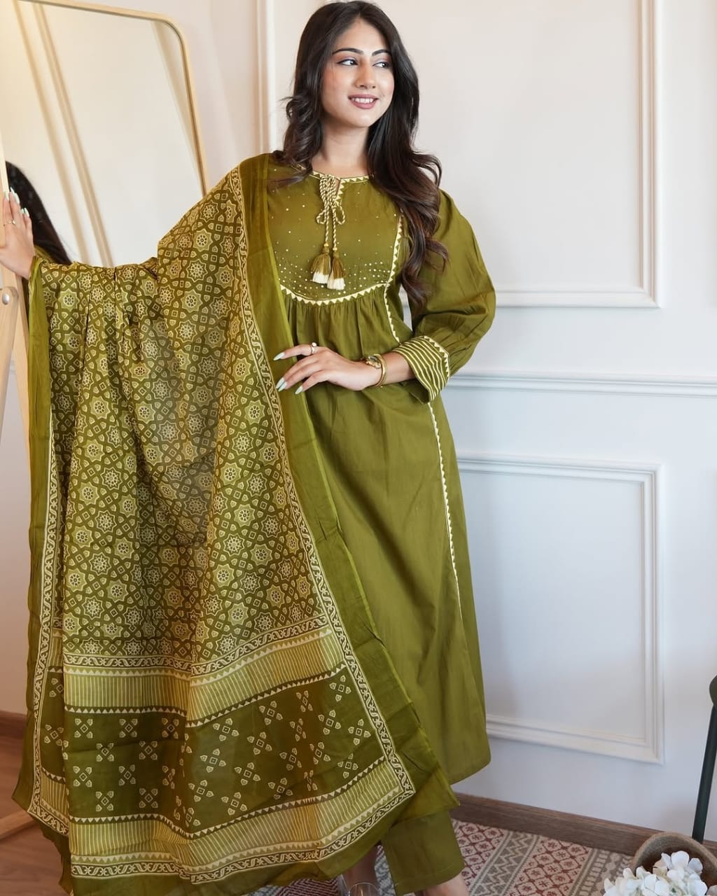 Green Embroidery Work Kurta Pant and Dupatta Set