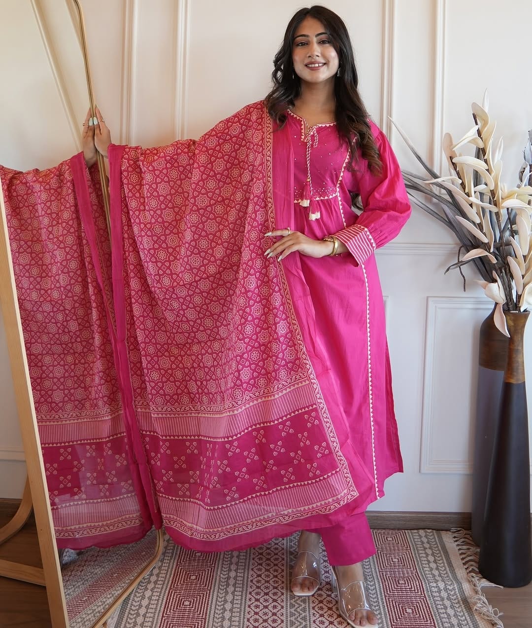Pink Embroidery Work Kurta Pant and Dupatta Set