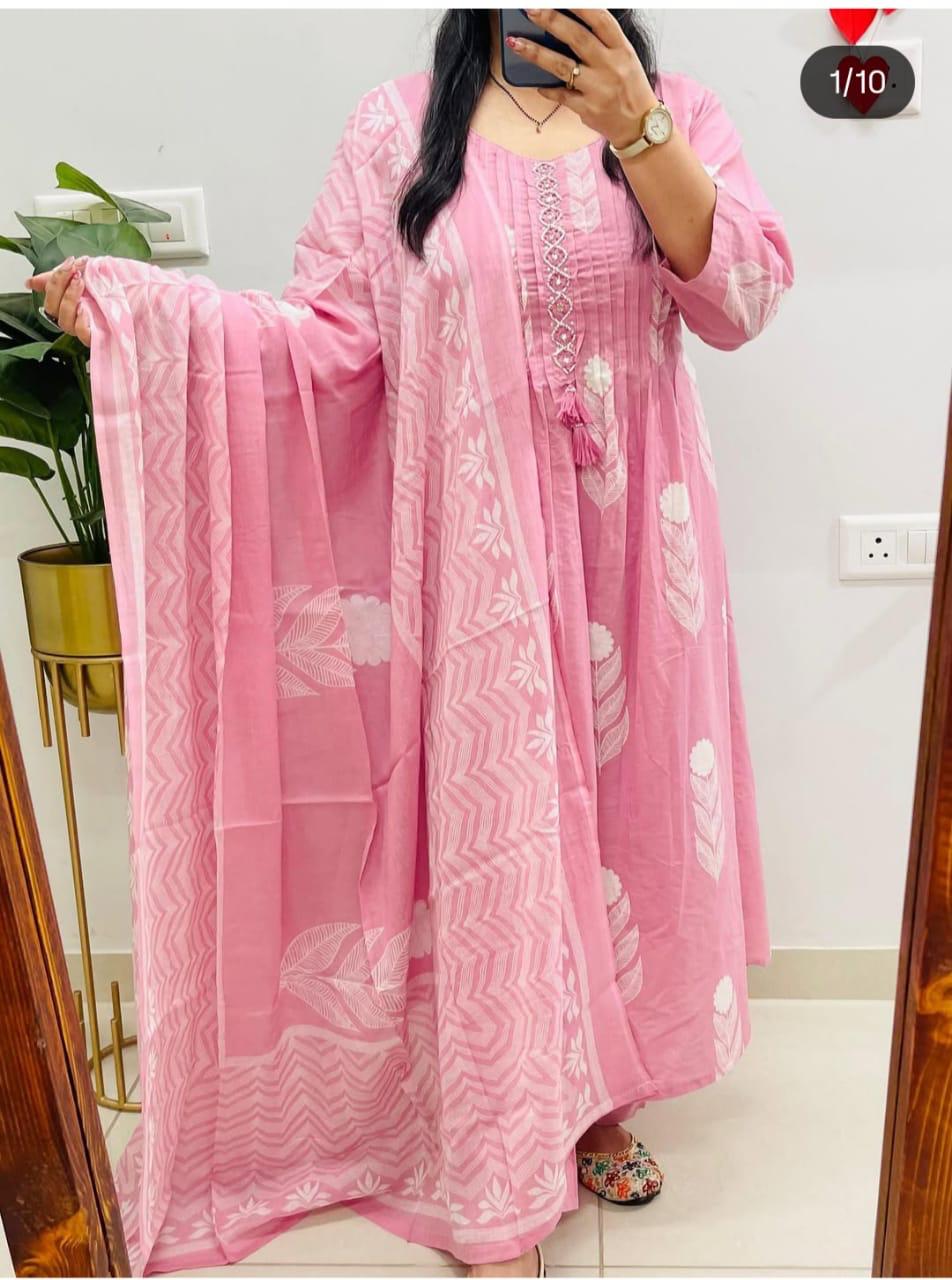 Pink Block Ikat Print Kurta Set with Dupatta