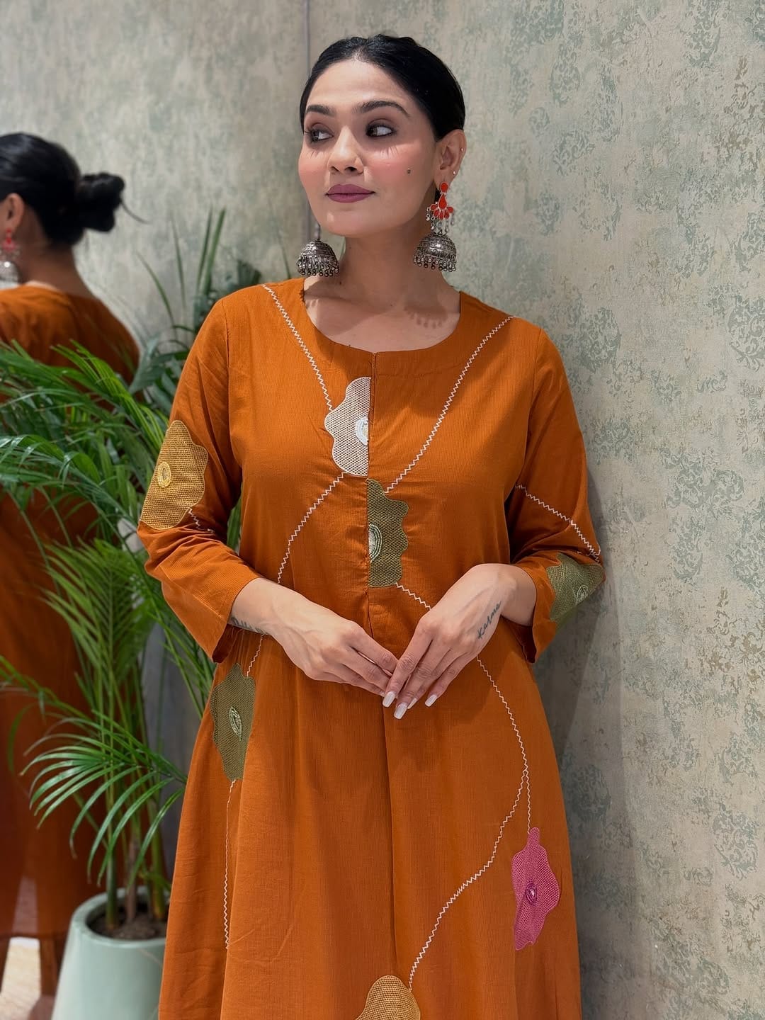 Women Rust Cotton Embroidery Floral Kurta Pant and Mulmul Dupatta set