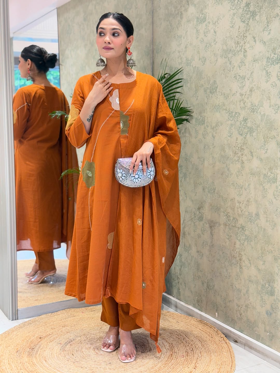 Women Rust Cotton Embroidery Floral Kurta Pant and Mulmul Dupatta set