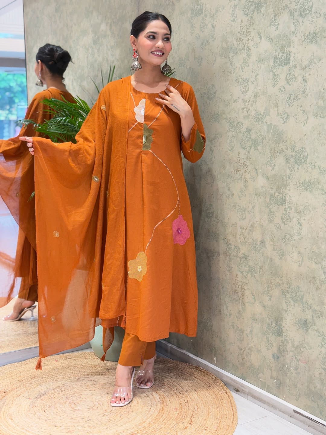 Women Rust Cotton Embroidery Floral Kurta Pant and Mulmul Dupatta set