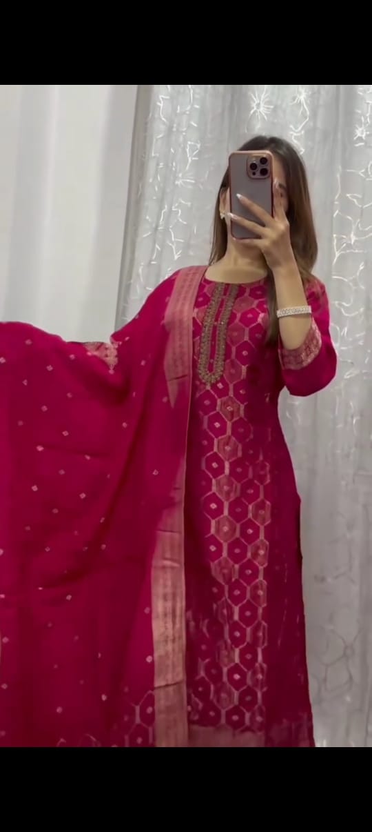 Royal Banarasi Jacquard Zari Suit Set (Top, Pant & Dupatta)