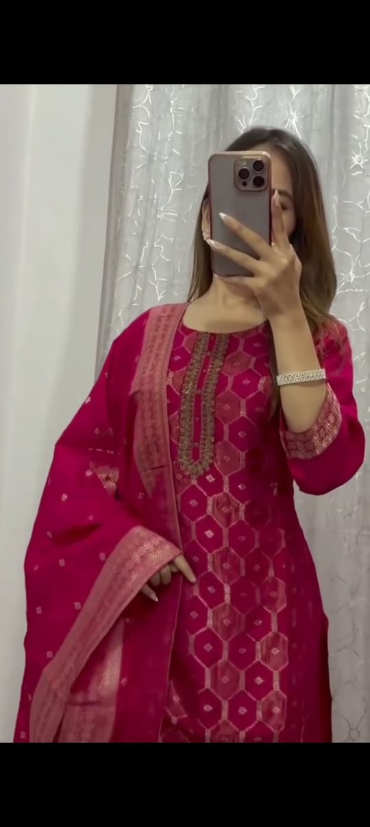 Royal Banarasi Jacquard Zari Suit Set (Top, Pant & Dupatta)