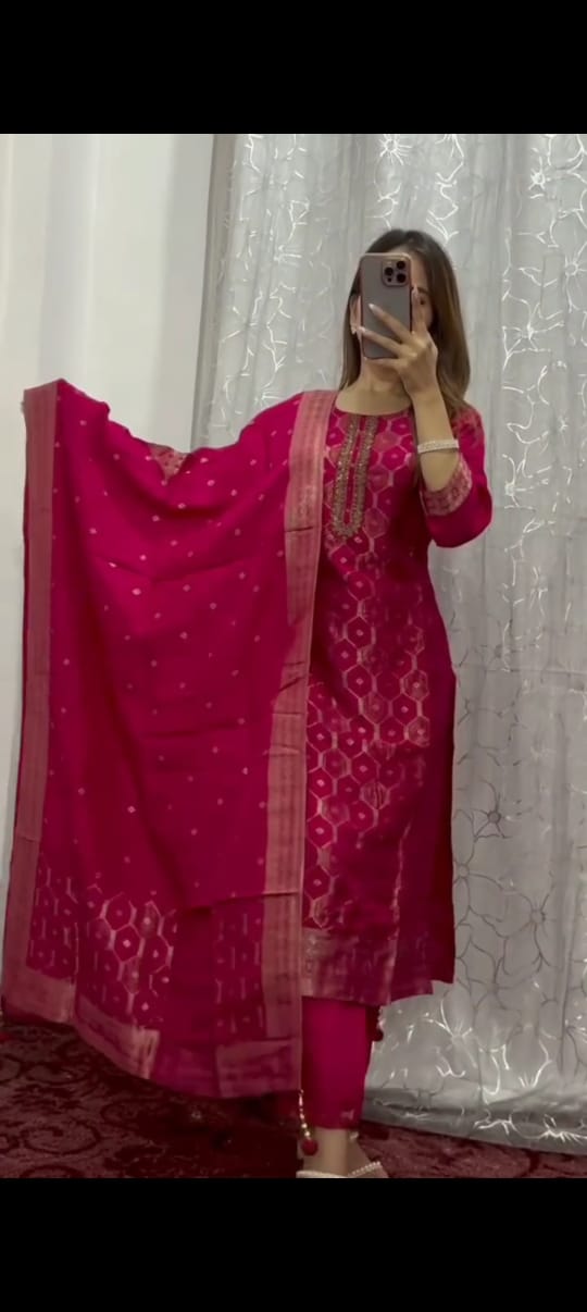 Royal Banarasi Jacquard Zari Suit Set (Top, Pant & Dupatta)